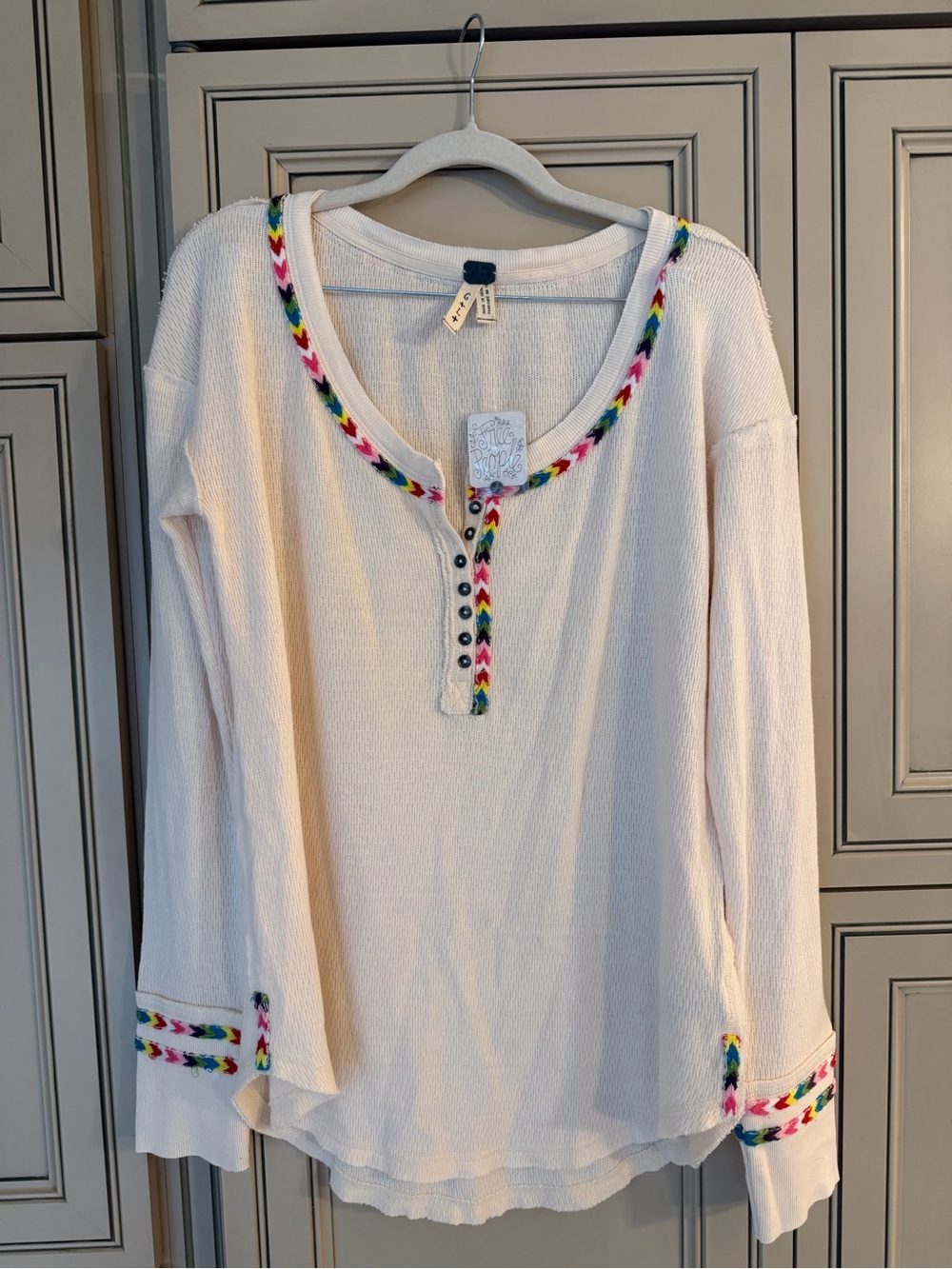 NWT FP We The Free People White Waffle Knit Henley embroidered Trim Top Shirt Lg